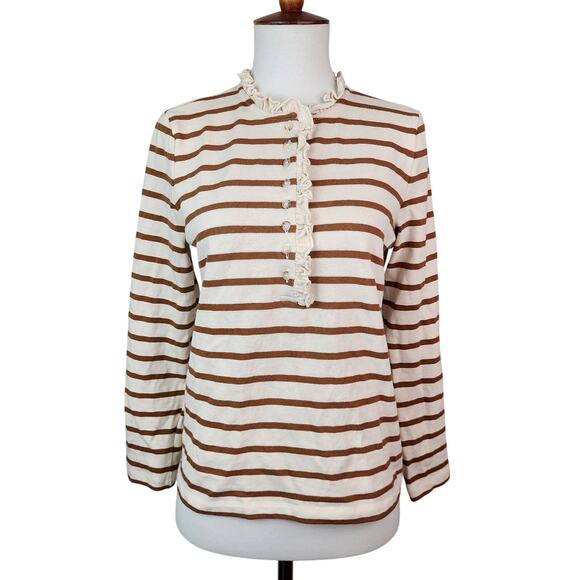 Sezane Gaël Marinière Cotton Stripe Top Size XS Camel Ecru Ruffle Buttons Cotton - Picture 1 of 7